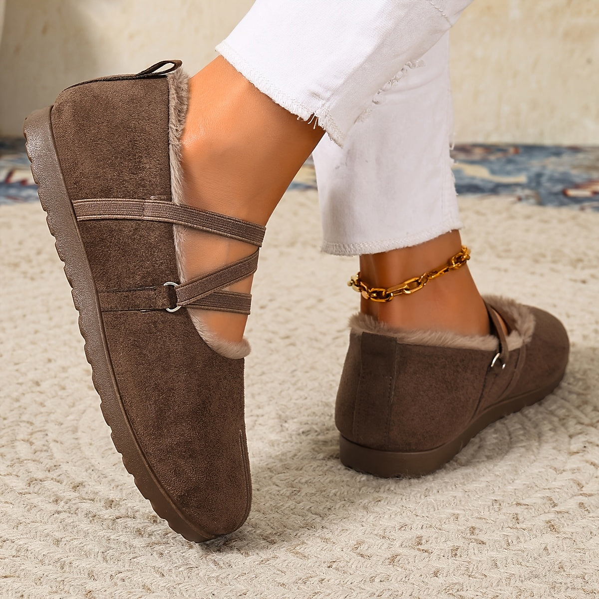 Women's Winter Plush-Lined Mary Jane Flats – Retro Round-Toe Shoes with Crisscross Straps