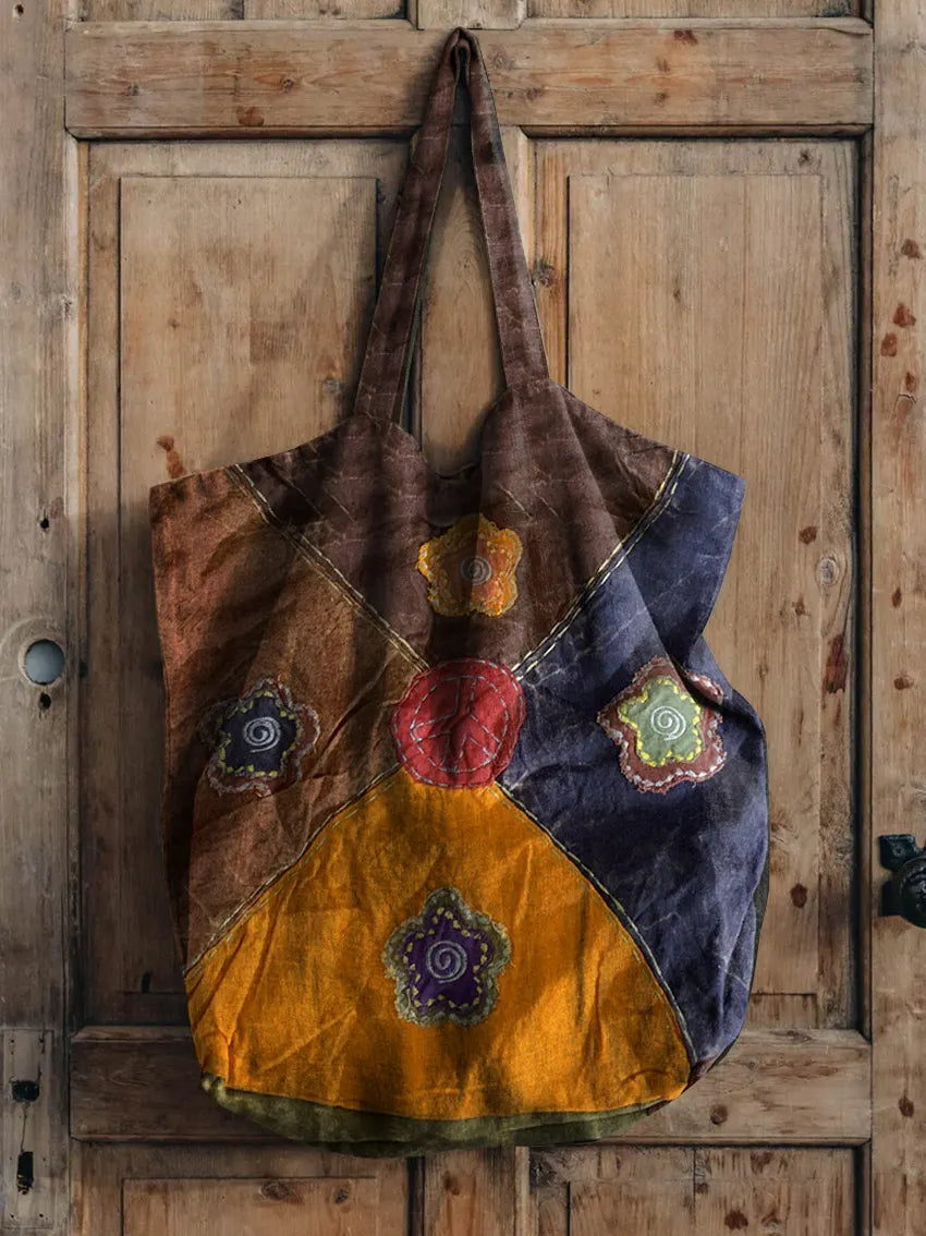 Floral Patchwork Pattern Art Print Linen Tote Bag