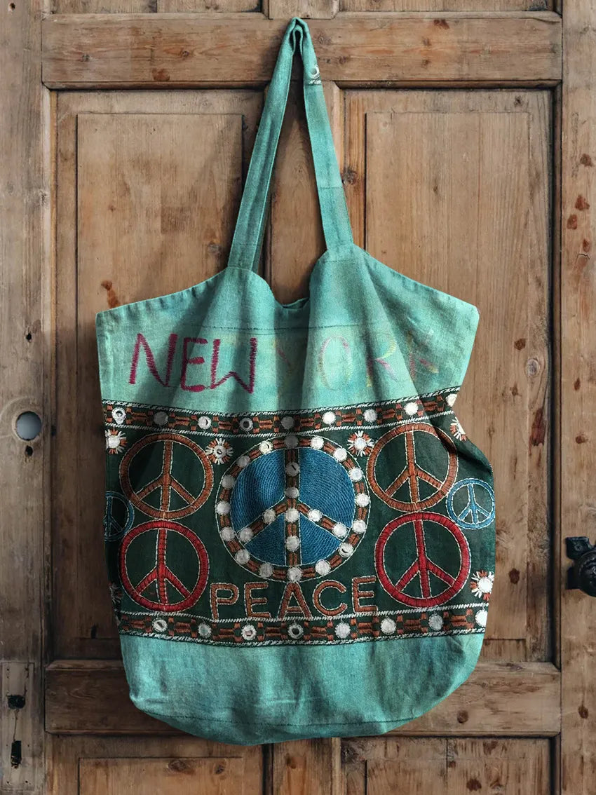 Peace Loving Hippie Pattern Art Printed Linen Tote Bag