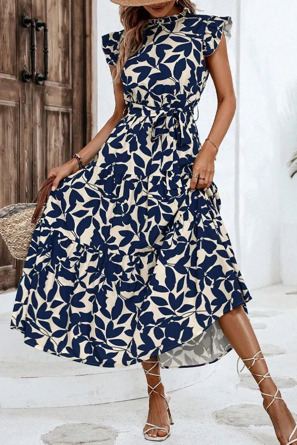 Floral Print Flutter Sleeve Belted Midi Dress