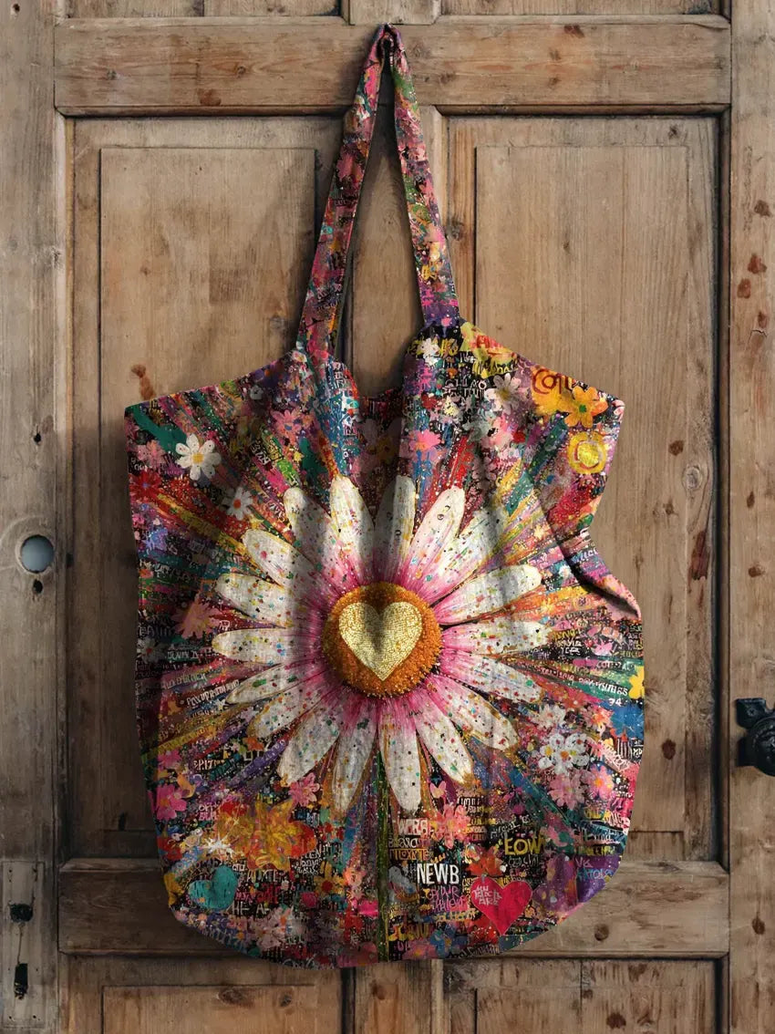 Retro Floral Heart Pattern Art Print Casual Canvas Tote Bag