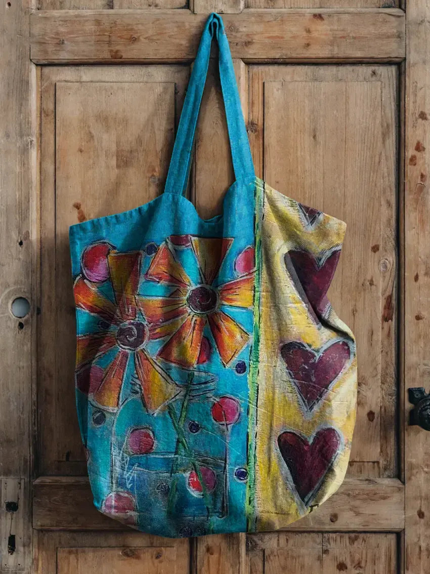 Floral Heart Patchwork Pattern Art Print Casual Canvas Tote Bag