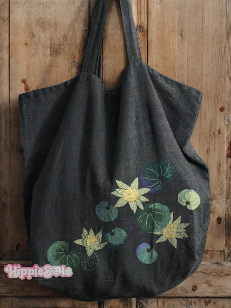 Japanese Style Lotus Floral Art Printed Linen Tote Bag