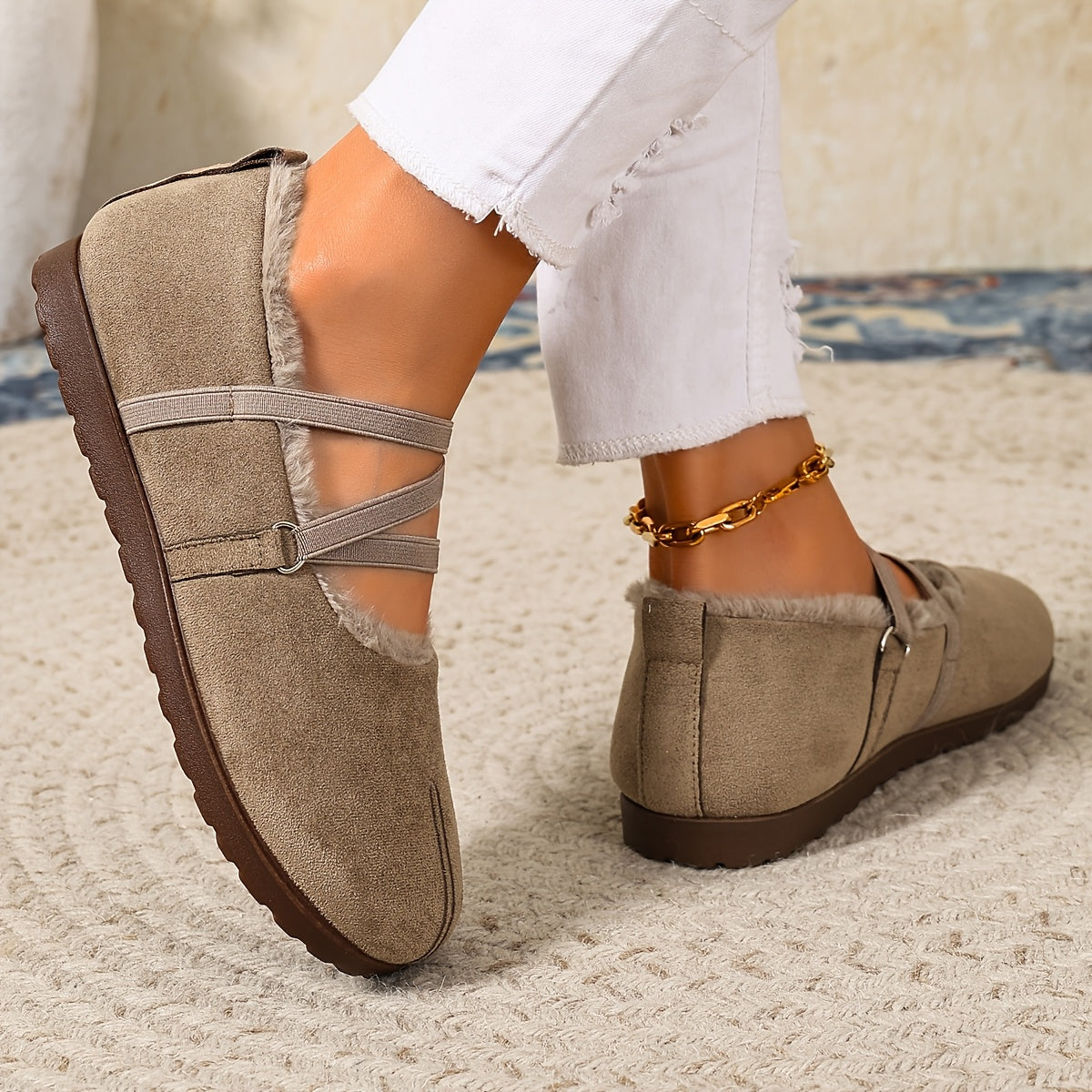 Women's Winter Plush-Lined Mary Jane Flats – Retro Round-Toe Shoes with Crisscross Straps
