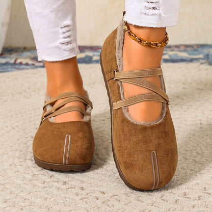 Women's Winter Plush-Lined Mary Jane Flats – Retro Round-Toe Shoes with Crisscross Straps