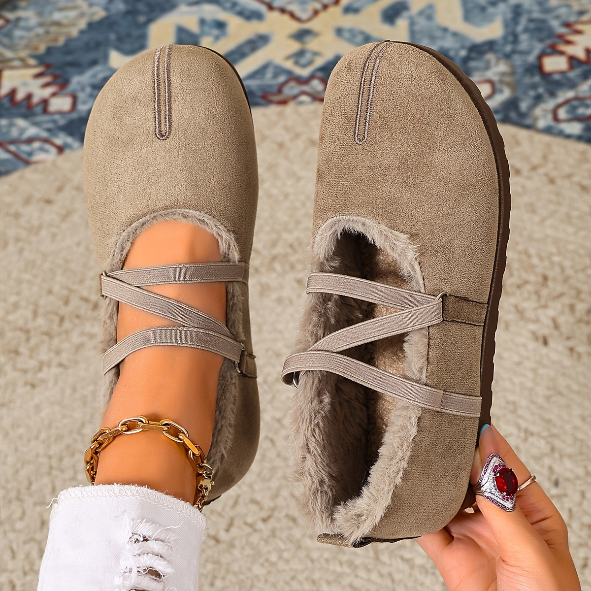 Women's Winter Plush-Lined Mary Jane Flats – Retro Round-Toe Shoes with Crisscross Straps