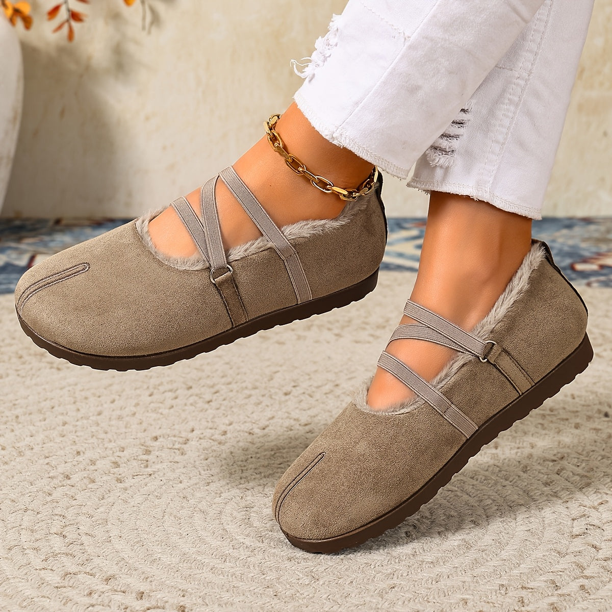 Women's Winter Plush-Lined Mary Jane Flats – Retro Round-Toe Shoes with Crisscross Straps