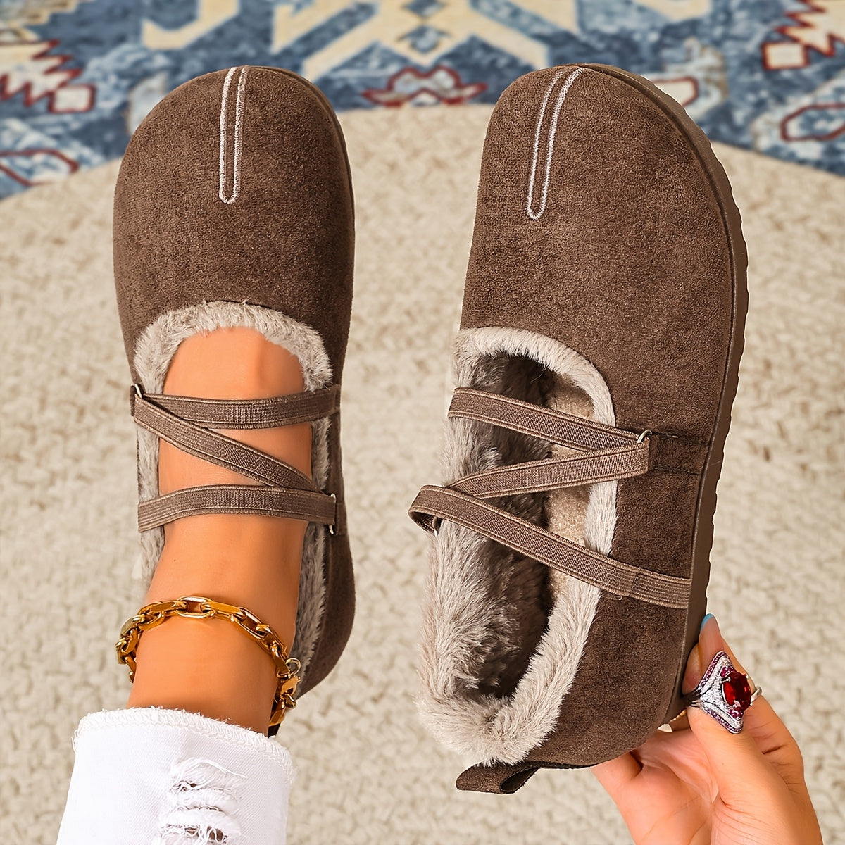 Women's Winter Plush-Lined Mary Jane Flats – Retro Round-Toe Shoes with Crisscross Straps