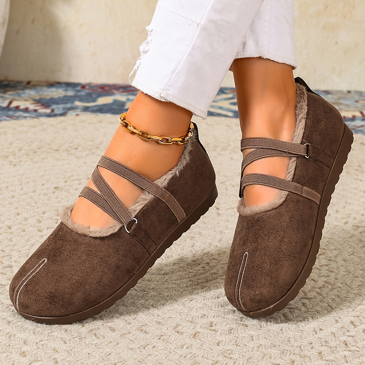 Women's Winter Plush-Lined Mary Jane Flats – Retro Round-Toe Shoes with Crisscross Straps