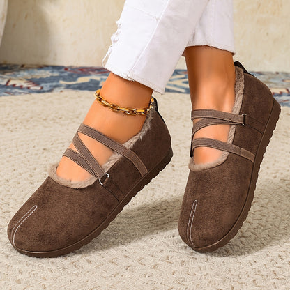 Women's Winter Plush-Lined Mary Jane Flats – Retro Round-Toe Shoes with Crisscross Straps