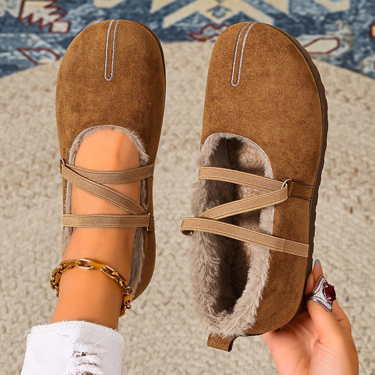 Women's Winter Plush-Lined Mary Jane Flats – Retro Round-Toe Shoes with Crisscross Straps