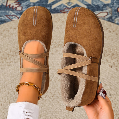 Women's Winter Plush-Lined Mary Jane Flats – Retro Round-Toe Shoes with Crisscross Straps