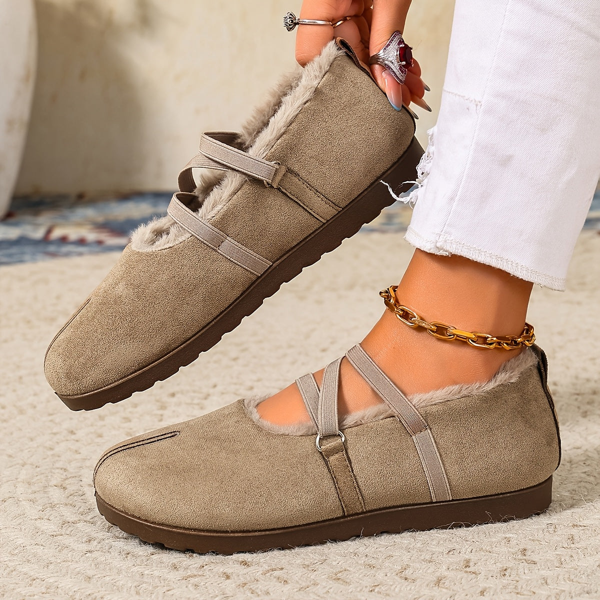 Women's Winter Plush-Lined Mary Jane Flats – Retro Round-Toe Shoes with Crisscross Straps