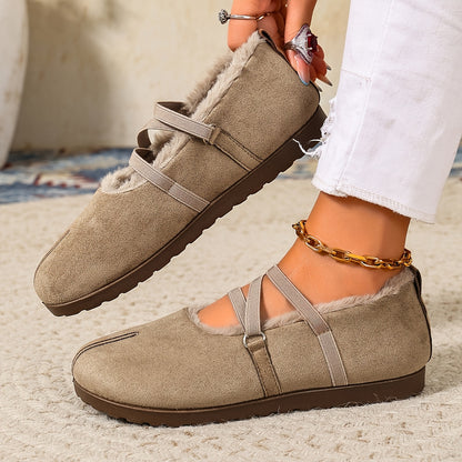 Women's Winter Plush-Lined Mary Jane Flats – Retro Round-Toe Shoes with Crisscross Straps