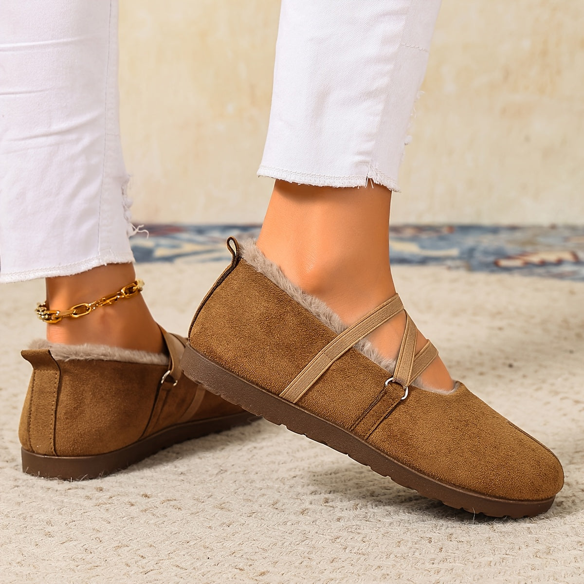 Women's Winter Plush-Lined Mary Jane Flats – Retro Round-Toe Shoes with Crisscross Straps