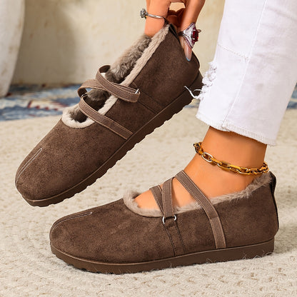Women's Winter Plush-Lined Mary Jane Flats – Retro Round-Toe Shoes with Crisscross Straps