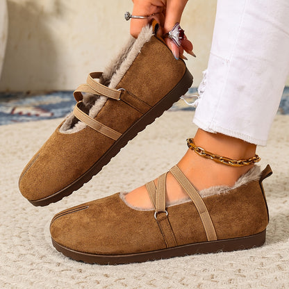 Women's Winter Plush-Lined Mary Jane Flats – Retro Round-Toe Shoes with Crisscross Straps
