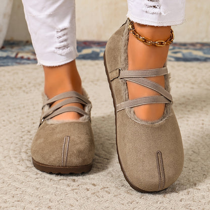 Women's Winter Plush-Lined Mary Jane Flats – Retro Round-Toe Shoes with Crisscross Straps