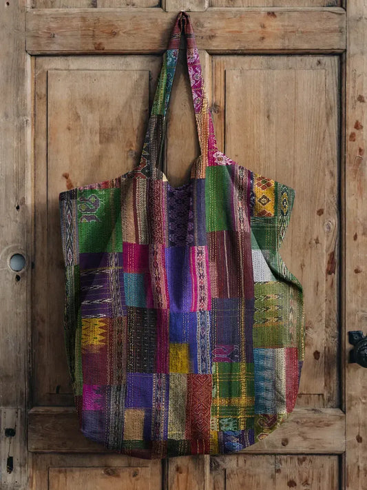 Retro Floral Patchwork Art Print Casual Canvas Tote Bag