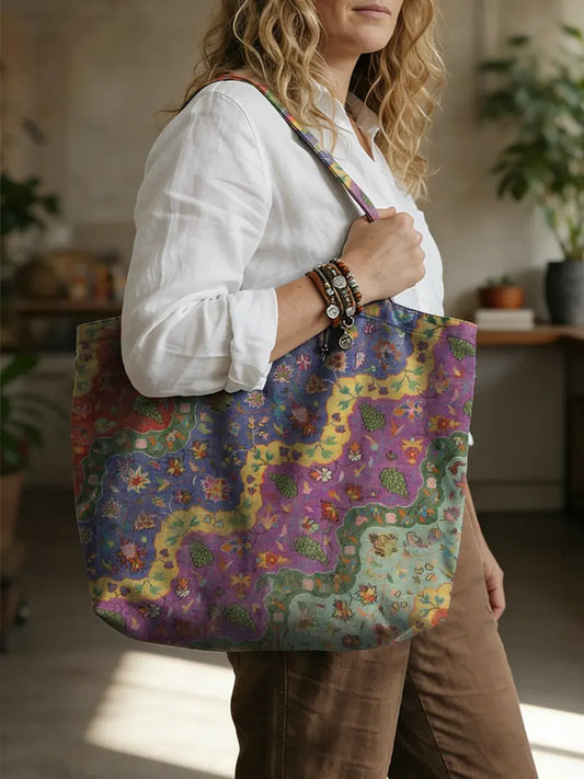 Ethnicity Geometry Flowers Arc Vintage Art Print Linen Tote Bag