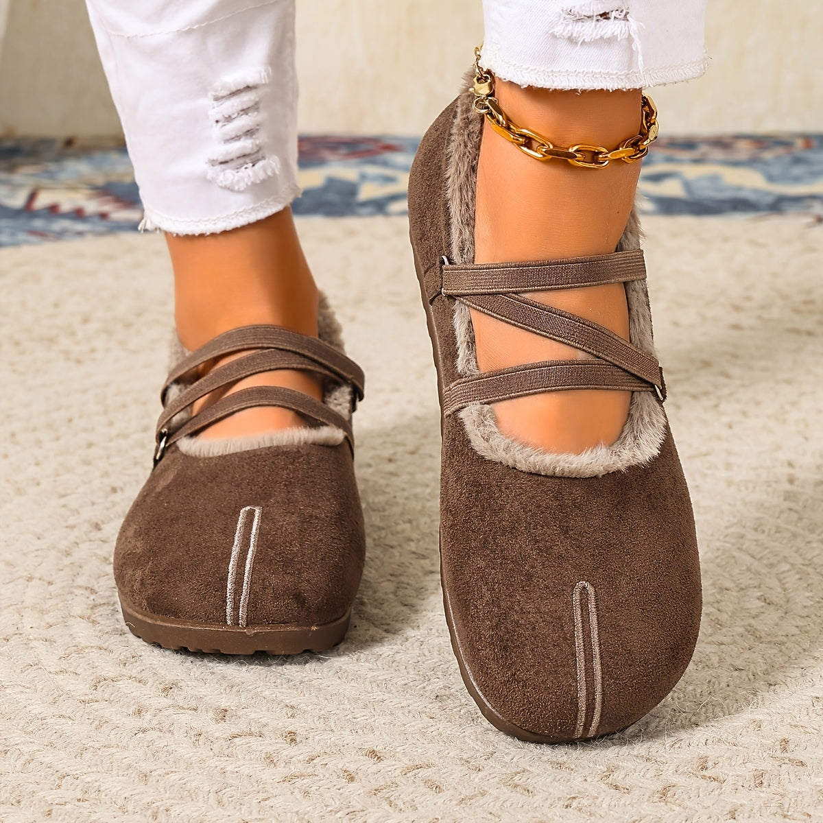 Women's Winter Plush-Lined Mary Jane Flats – Retro Round-Toe Shoes with Crisscross Straps