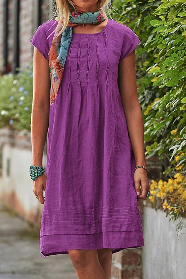 Casual Pleated Short Sleeve Cotton Dress