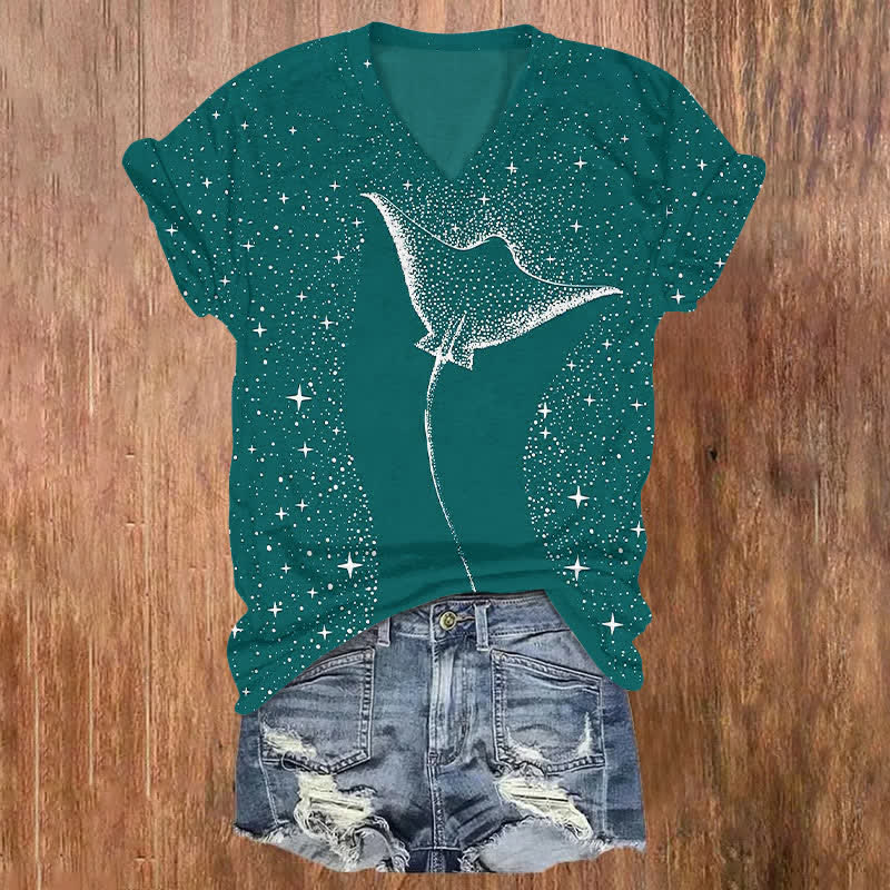 Dashingsoul Starry Spotted Eagle Rays Print V-neck T-shirt