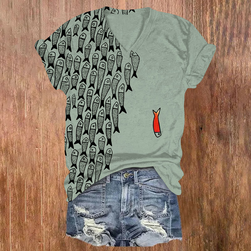 Dashingsoul Cute Simple Lines Abstract Geometric Fish Art Print V-neck T-shirt