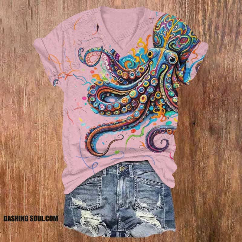 (🔥Limited offer)Vintage Rainbow Octopus Art Print V-neck T-shirt
