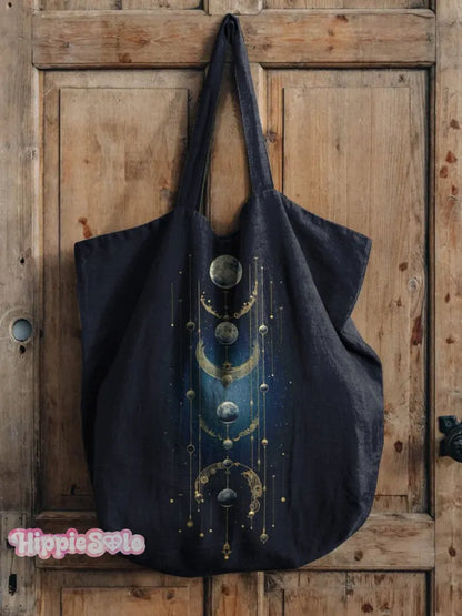 Borsa tote in lino con stampa artistica di misteriosa luna crescente