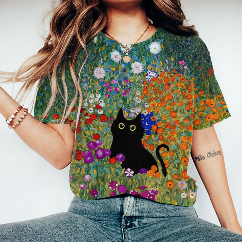 Dashingsoul Flowers Cat Art Print Crew Neck Short-sleeved T-shirt