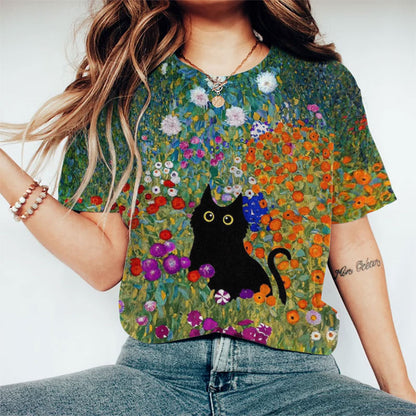 Dashingsoul Flowers Cat Art Print Crew Neck Short-sleeved T-shirt