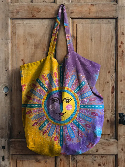 Bohemian Patchwork Sun-face Pattern Art Print Casual Canvas Tote Bag