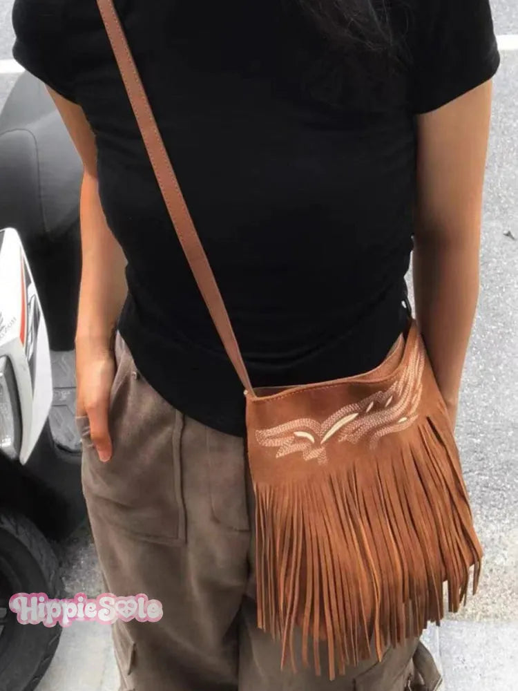 Ethnic Style Suede Crossbody Tassel Bag