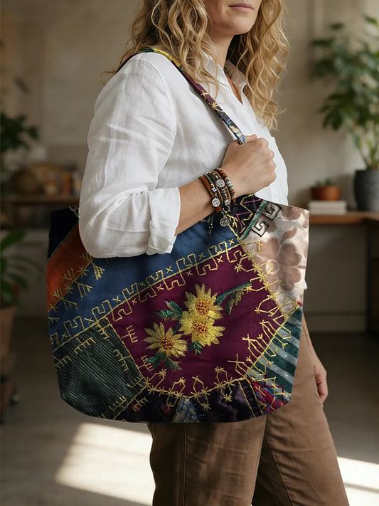 Ethnicity Patchwork Flowers Color Blocks Vintage Art Print Linen Tote Bag