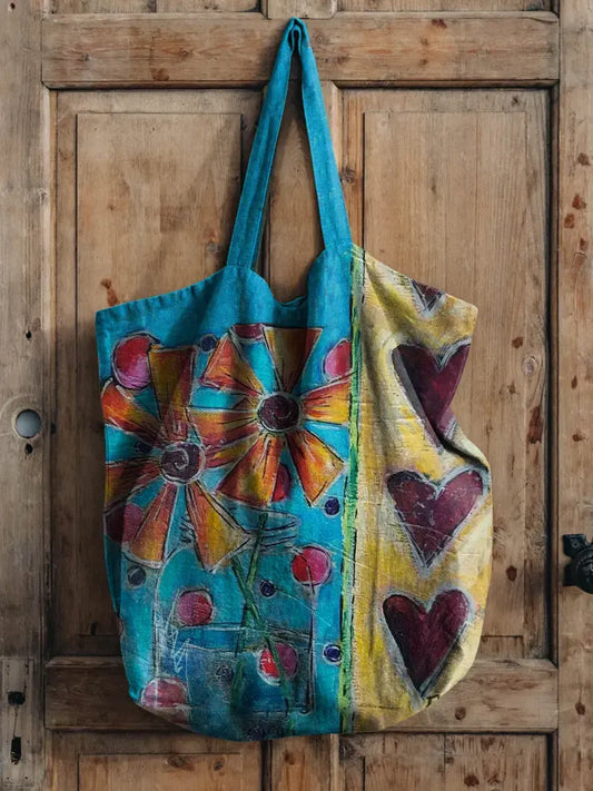 Floral Heart Patchwork Pattern Art Print Casual Canvas Tote Bag