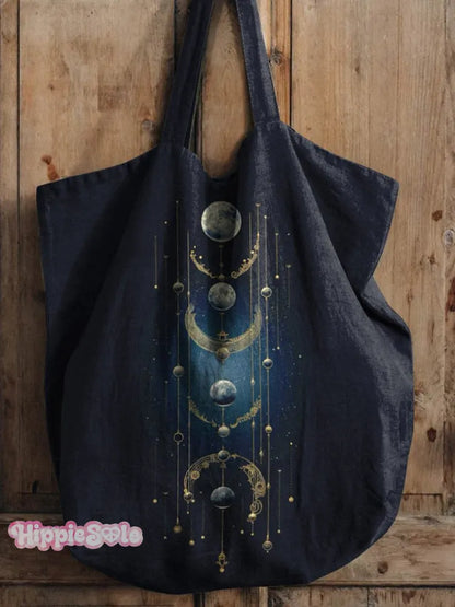 Borsa tote in lino con stampa artistica di misteriosa luna crescente