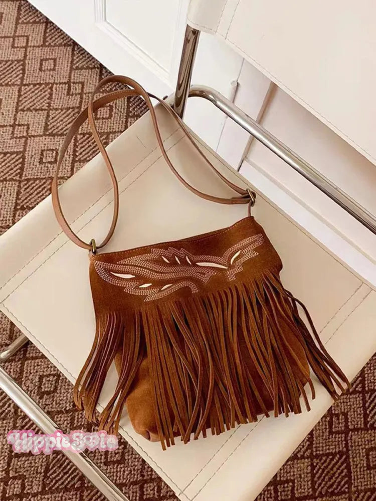 Ethnic Style Suede Crossbody Tassel Bag