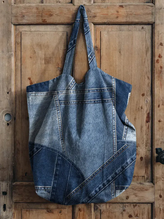 Denim-colored Patchwork Pattern Art Print Casual Canvas Tote Bag
