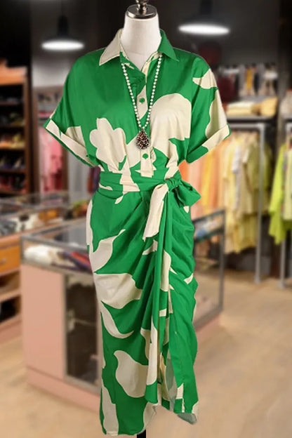 Vestido casual estampado de camisa con cuello y cinturón