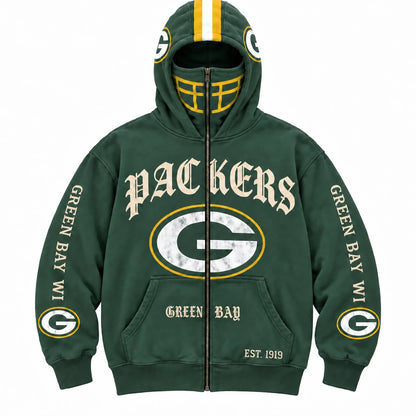 Packers Football Fan Full-Zip Mask Hoodie