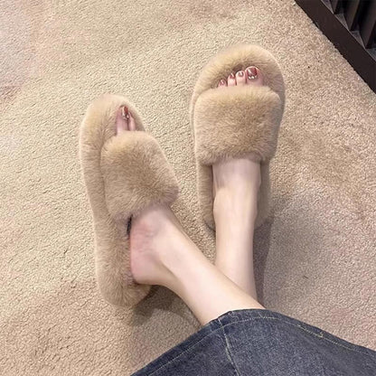 Zapatillas de exterior gruesas y peludas de color liso para mujer