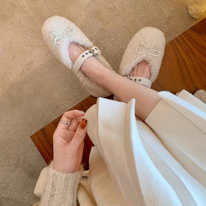 Zapatos planos Mary Jane de lana de oveja con lazo para mujer