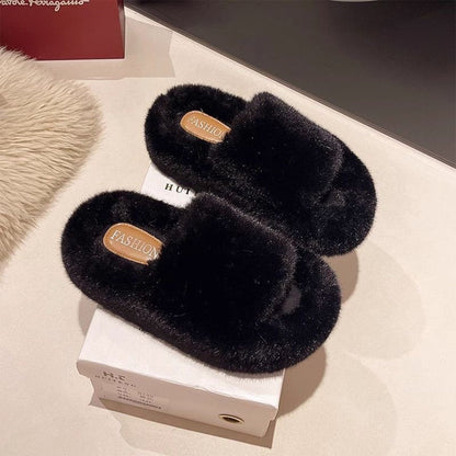 Zapatillas de exterior gruesas y peludas de color liso para mujer