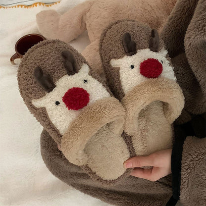 Zapatillas de estar de peluche para mujer con diseño de alce navideño