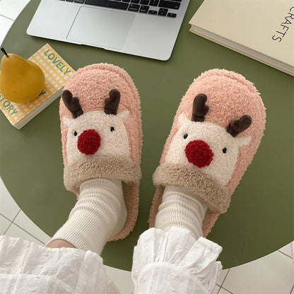 Zapatillas de estar de peluche para mujer con diseño de alce navideño