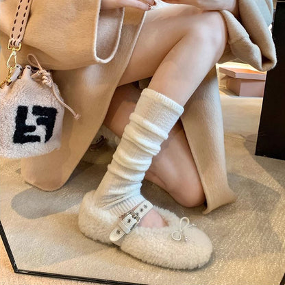 Zapatos planos Mary Jane de lana de oveja con lazo para mujer