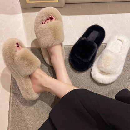 Zapatillas de exterior gruesas y peludas de color liso para mujer