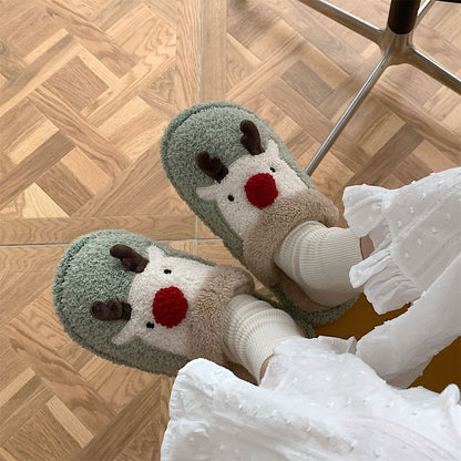 Zapatillas de estar de peluche para mujer con diseño de alce navideño
